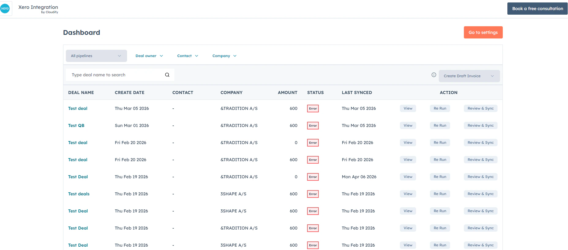 Cloudify Dashboard showing deals available for manual sync