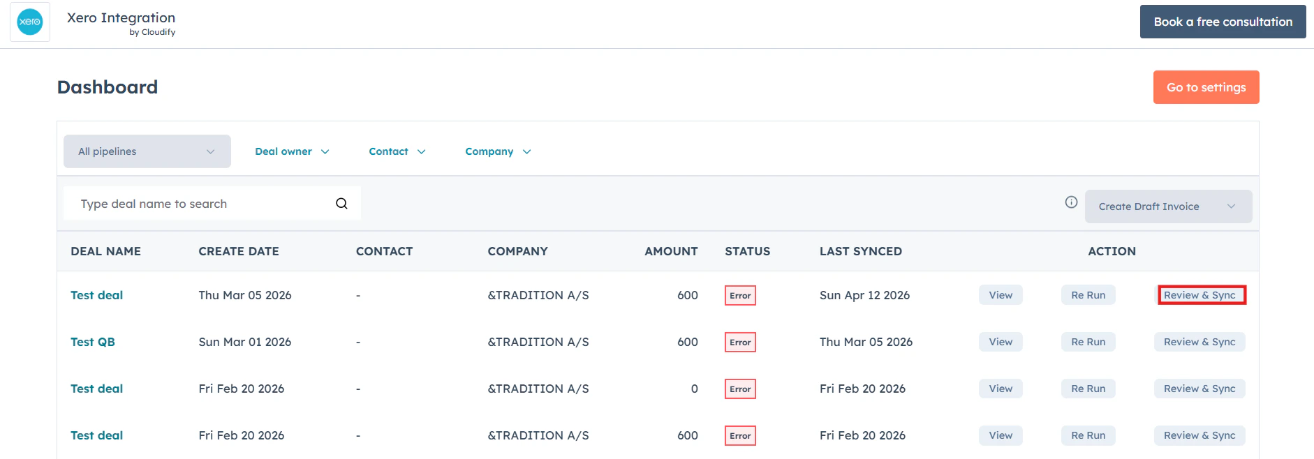 Click Review and Sync on any invoice to open the manual sync window