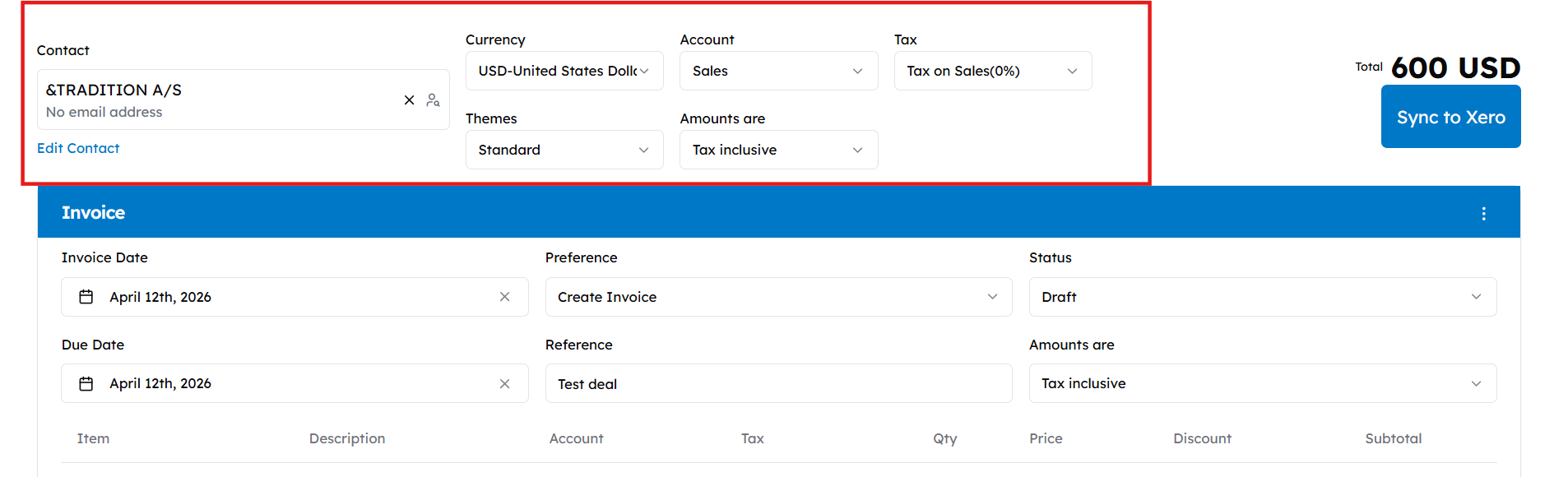 Select contact, currency, tax, and account details