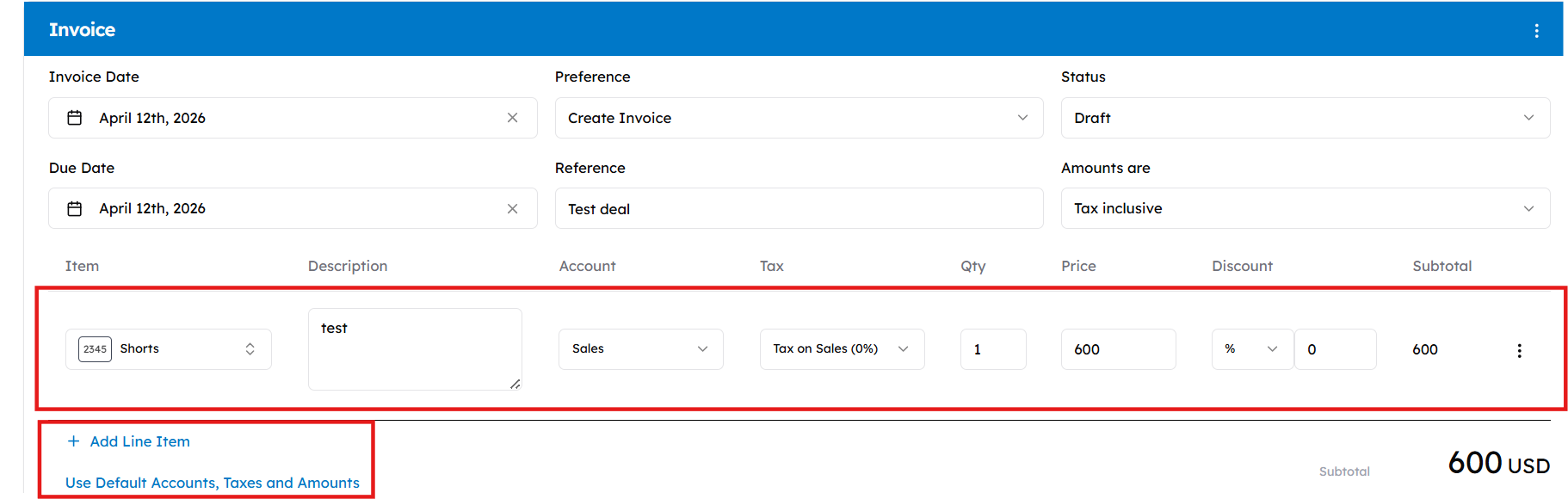 Click + Add Line Item to add products, or Customize Accounts, Taxes and Amounts for item-level adjustments