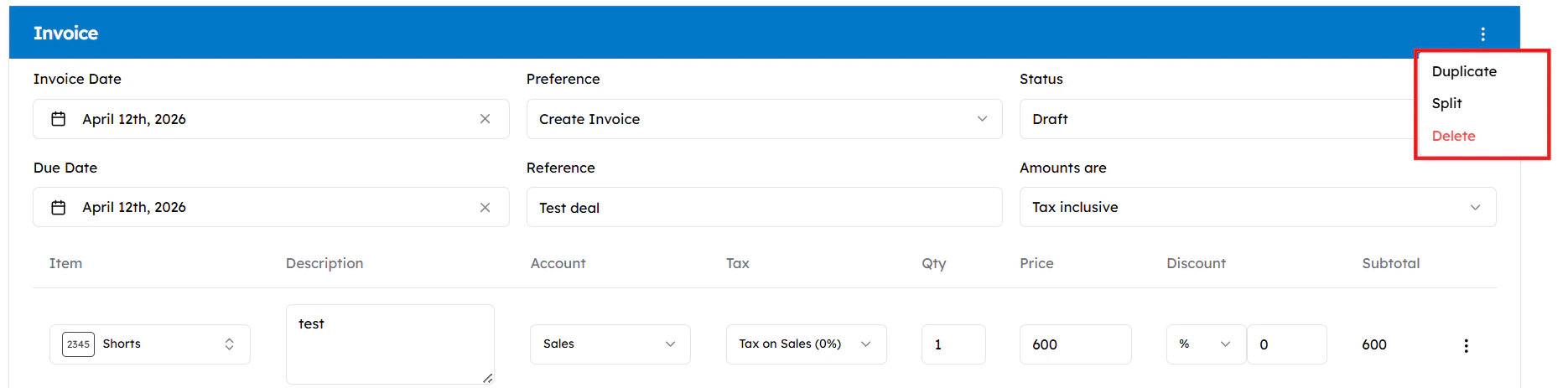 Use the three-dots menu to Split or Duplicate the invoice
