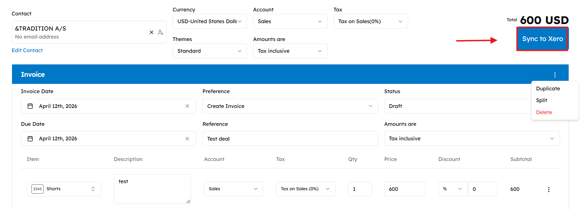 Click Save Progress to save for later, or Sync to Xero to push the invoice