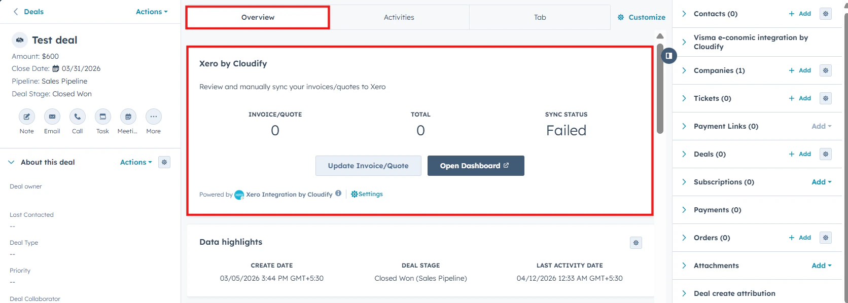 Access the Visma e-conomic by Cloudify UI extension under the Overview tab