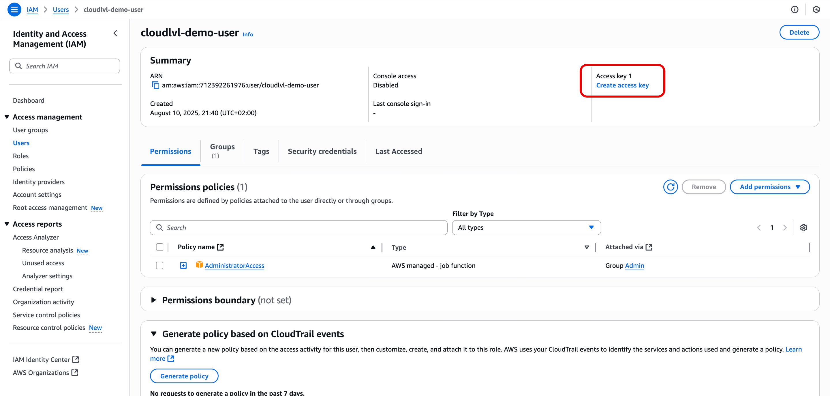 AWS Console IAM user interface