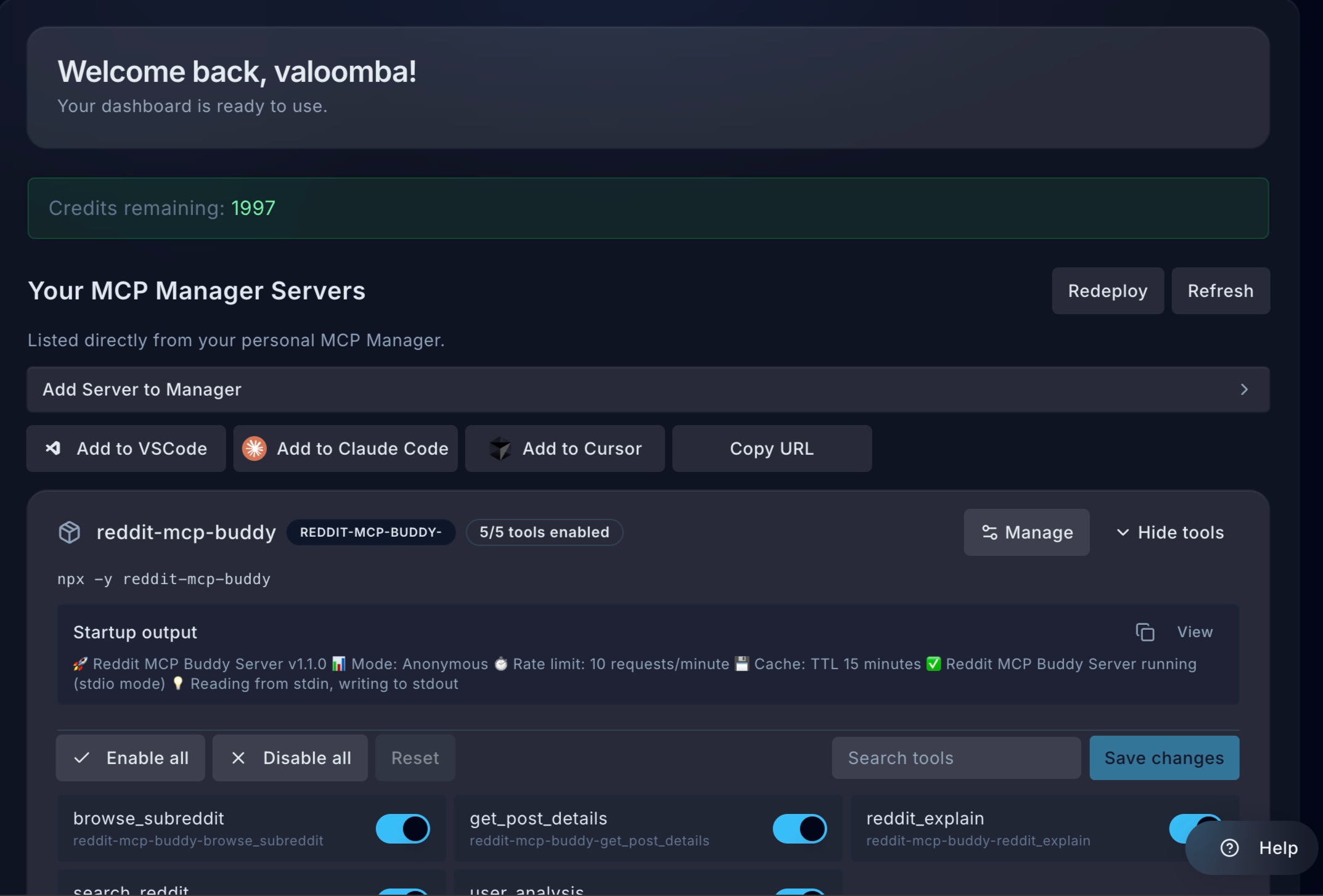 Cloud MCP dashboard showing deployed servers