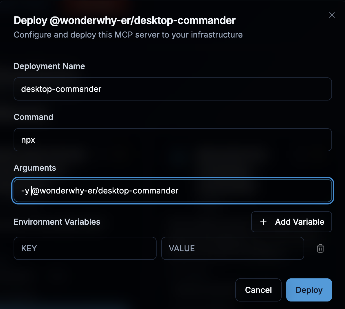 Deployment configuration modal showing fields for deployment name, command, arguments, and environment variables