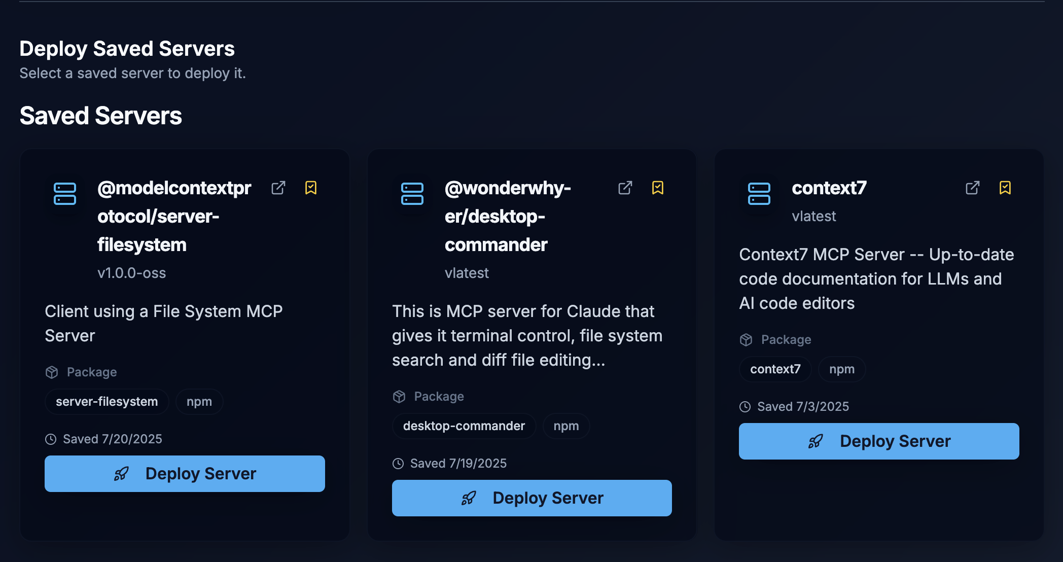 Deploy Saved Servers page showing three saved MCP servers with deployment options