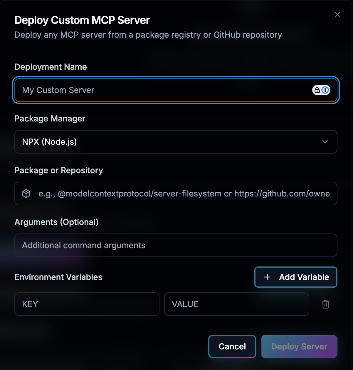 Custom Deployment dialog showing package manager selection and input fields