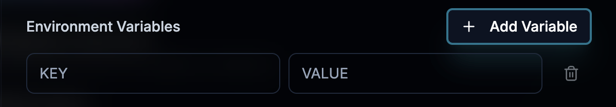 Environment variables interface with add/remove buttons