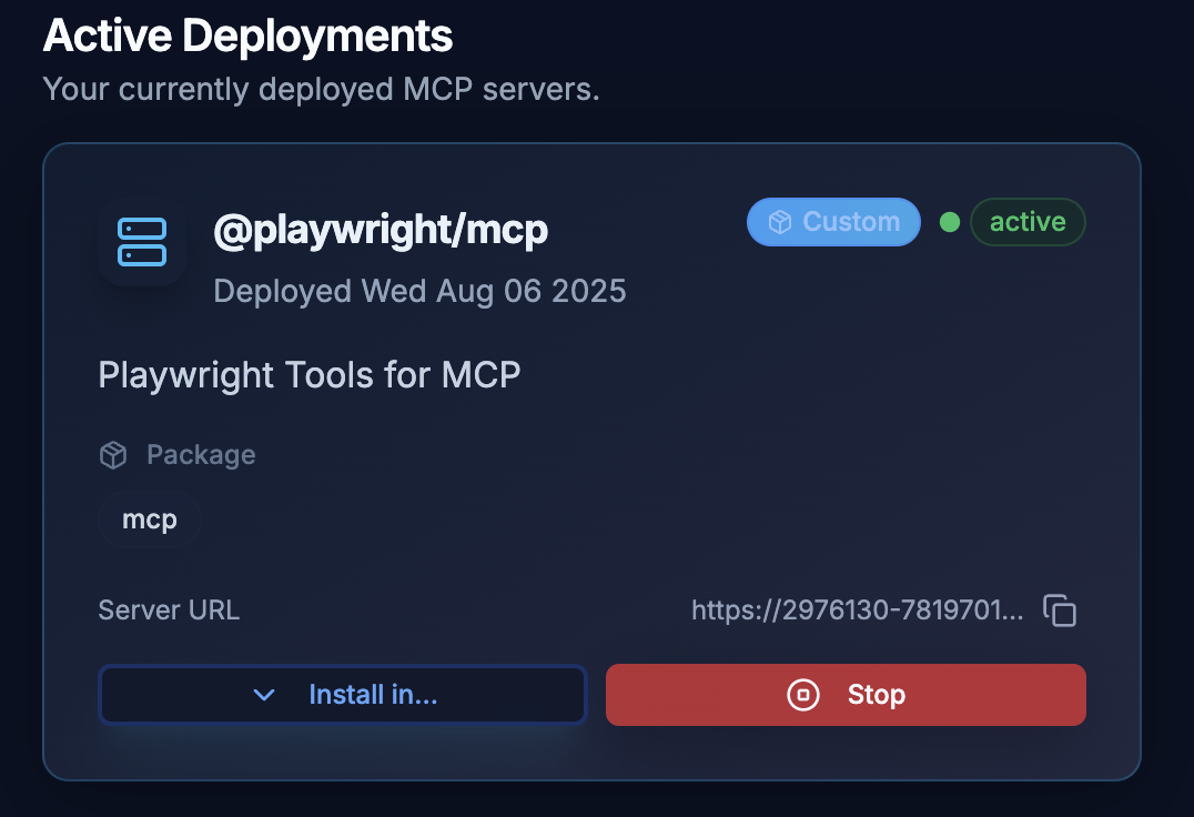 Active deployment card showing custom badge and server details