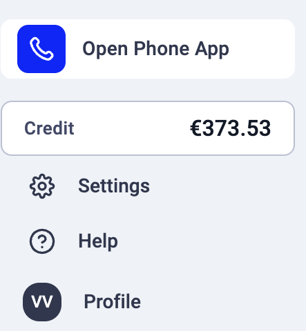 The bottom of the menu: Open Phone App, Credit, Settings, Help, and Profile