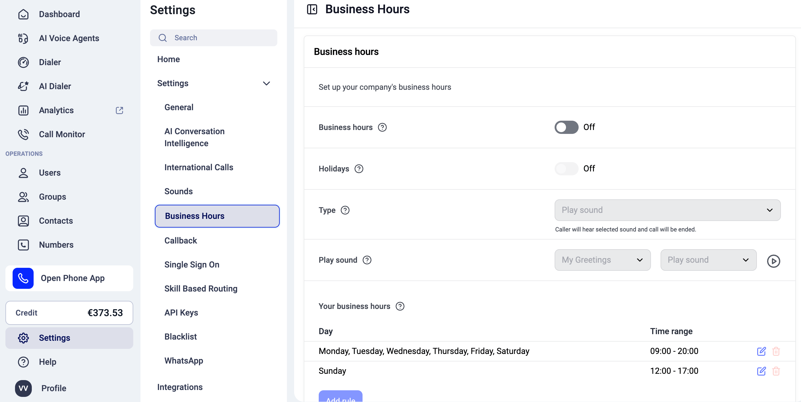Company-level Business Hours in Settings, with the Business Hours toggle