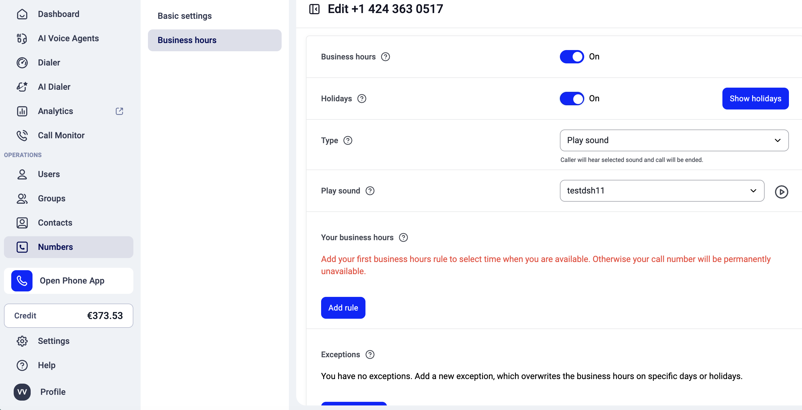 Business Hours tab for a specific phone number