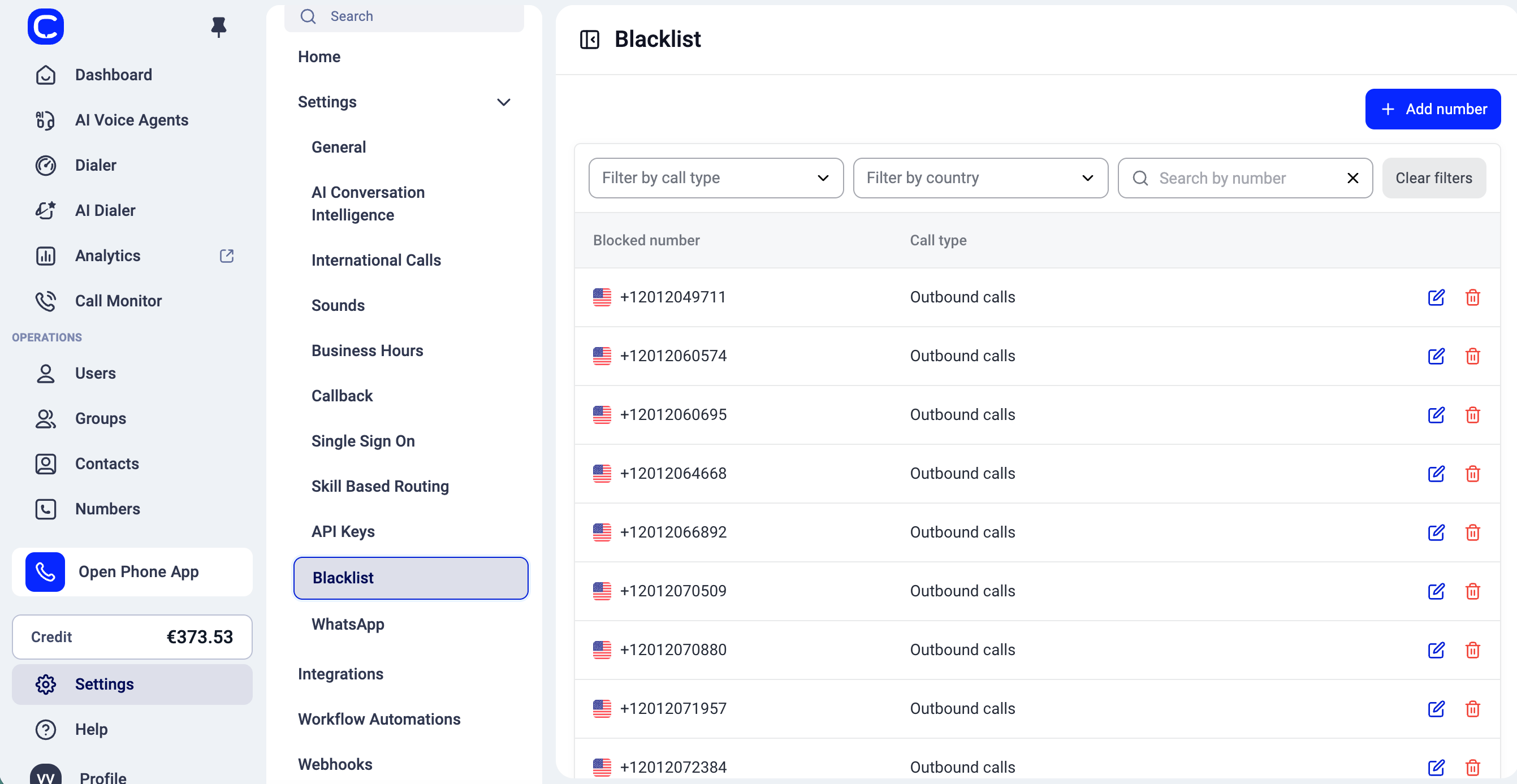 The Blacklist page in Settings