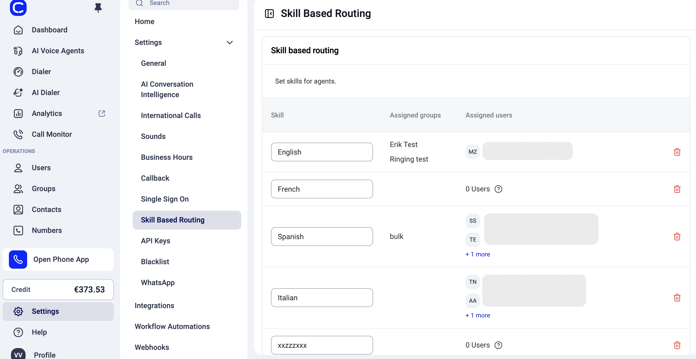 The Skill Based Routing page in Settings, listing existing skills