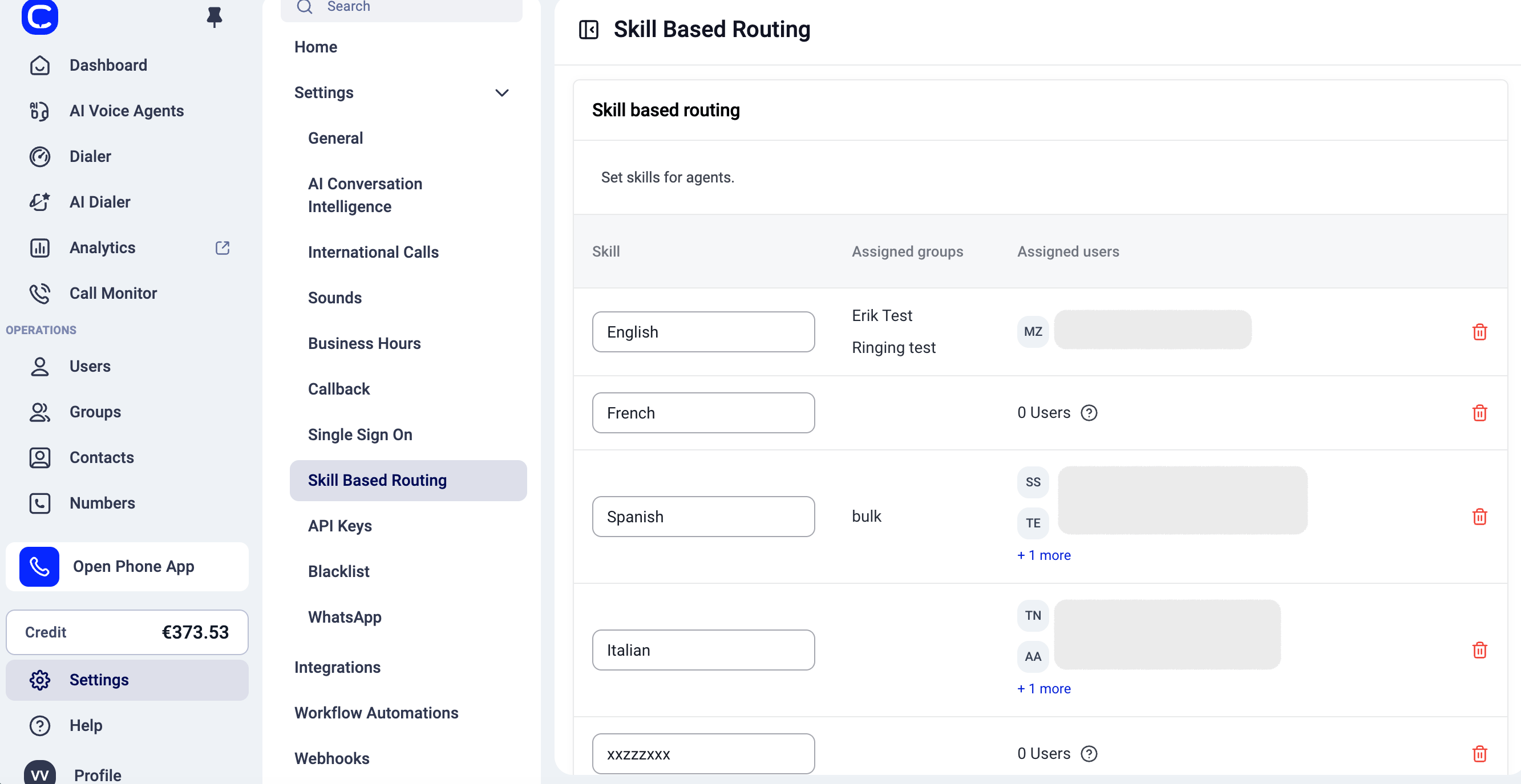 The Skill Based Routing page in Settings, listing existing skills