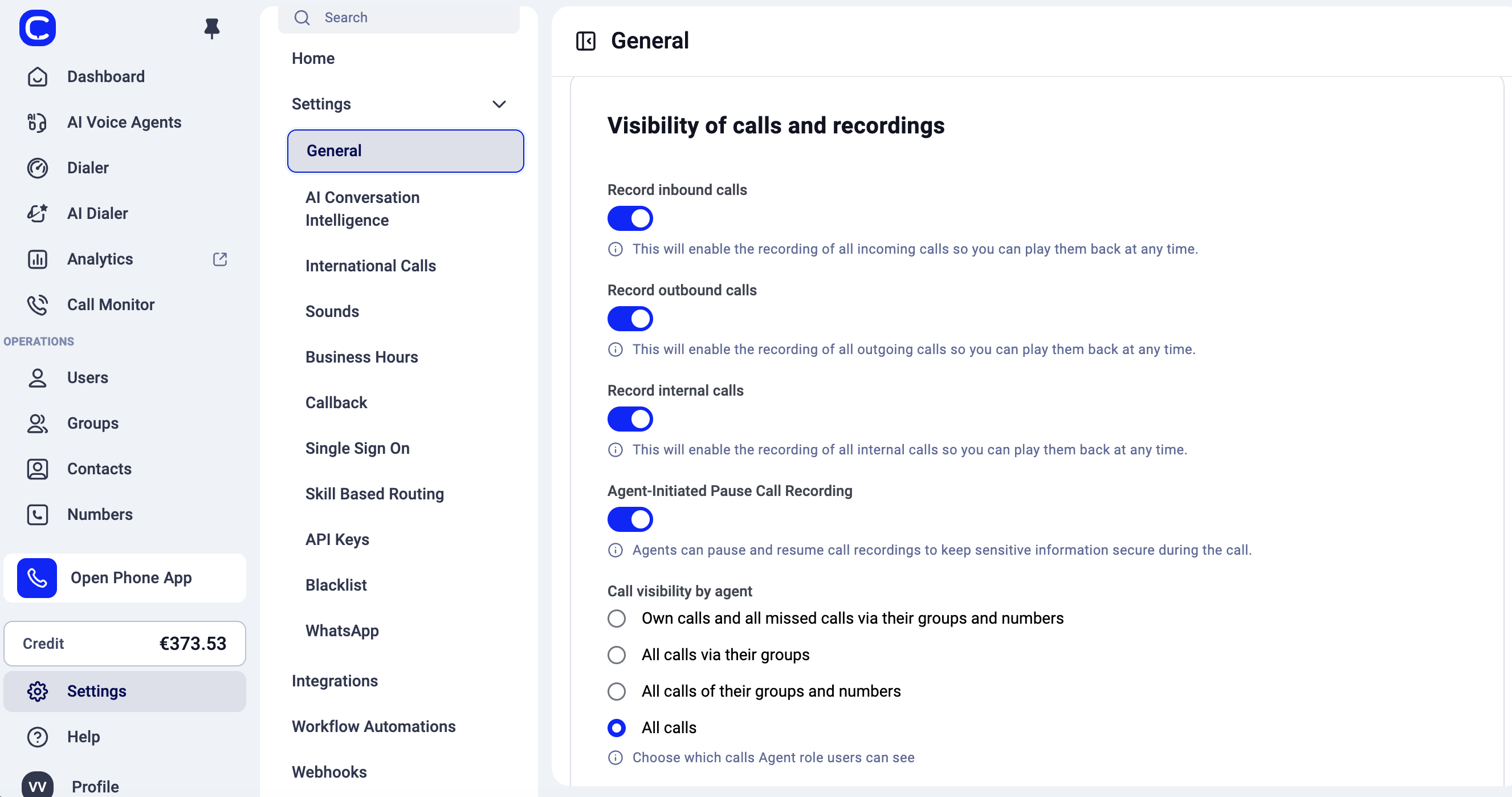 Visibility of calls and recordings settings in Settings > General