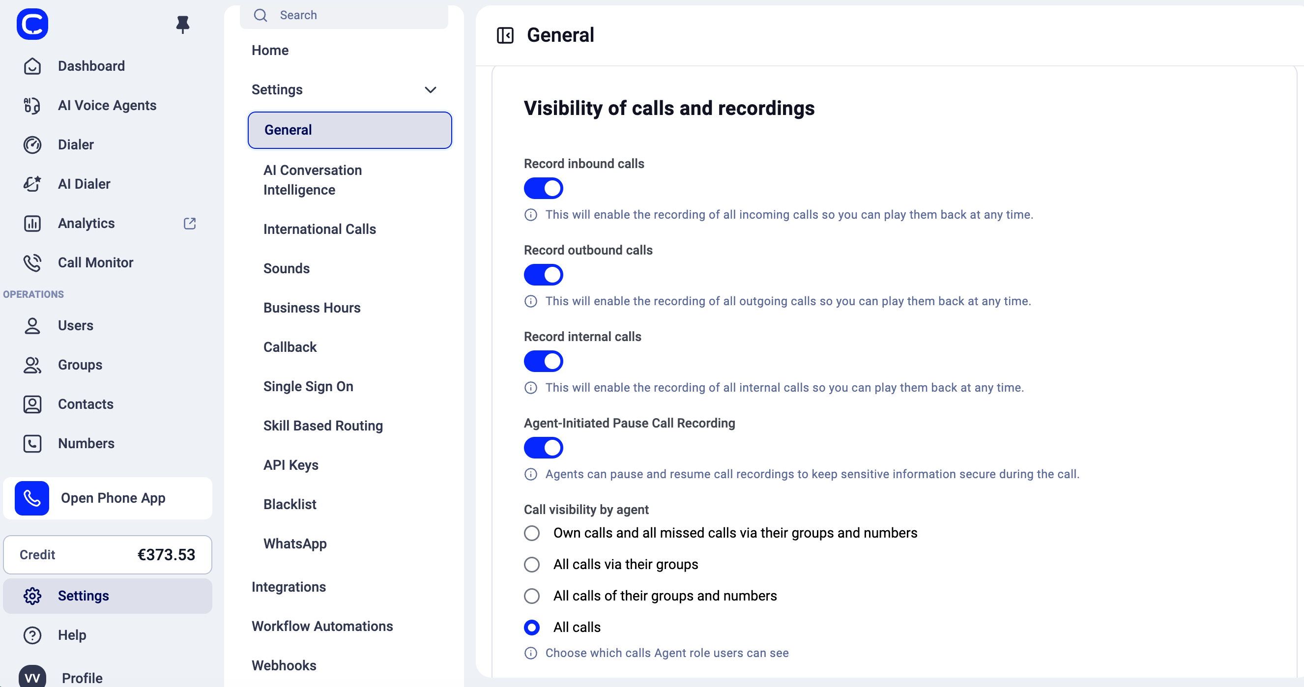 Visibility of calls and recordings settings in Settings > General