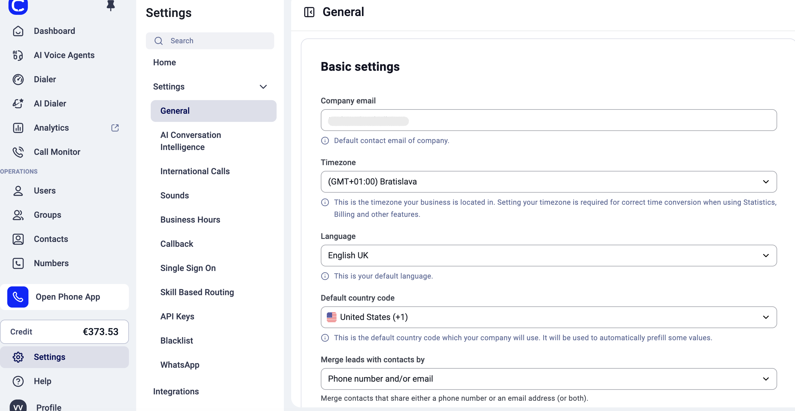 Company email in Settings > General > Basic settings