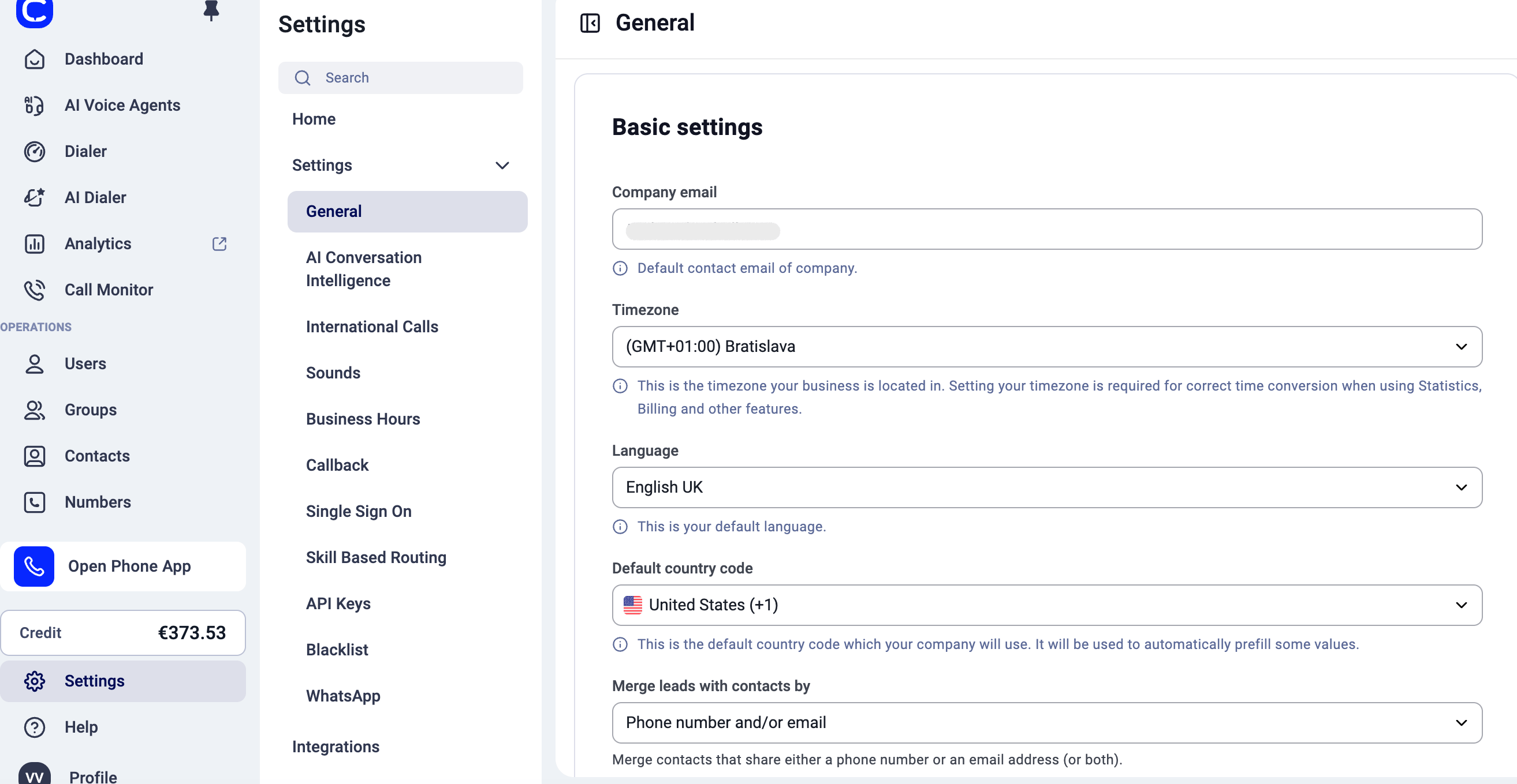 Company email in Settings > General > Basic settings