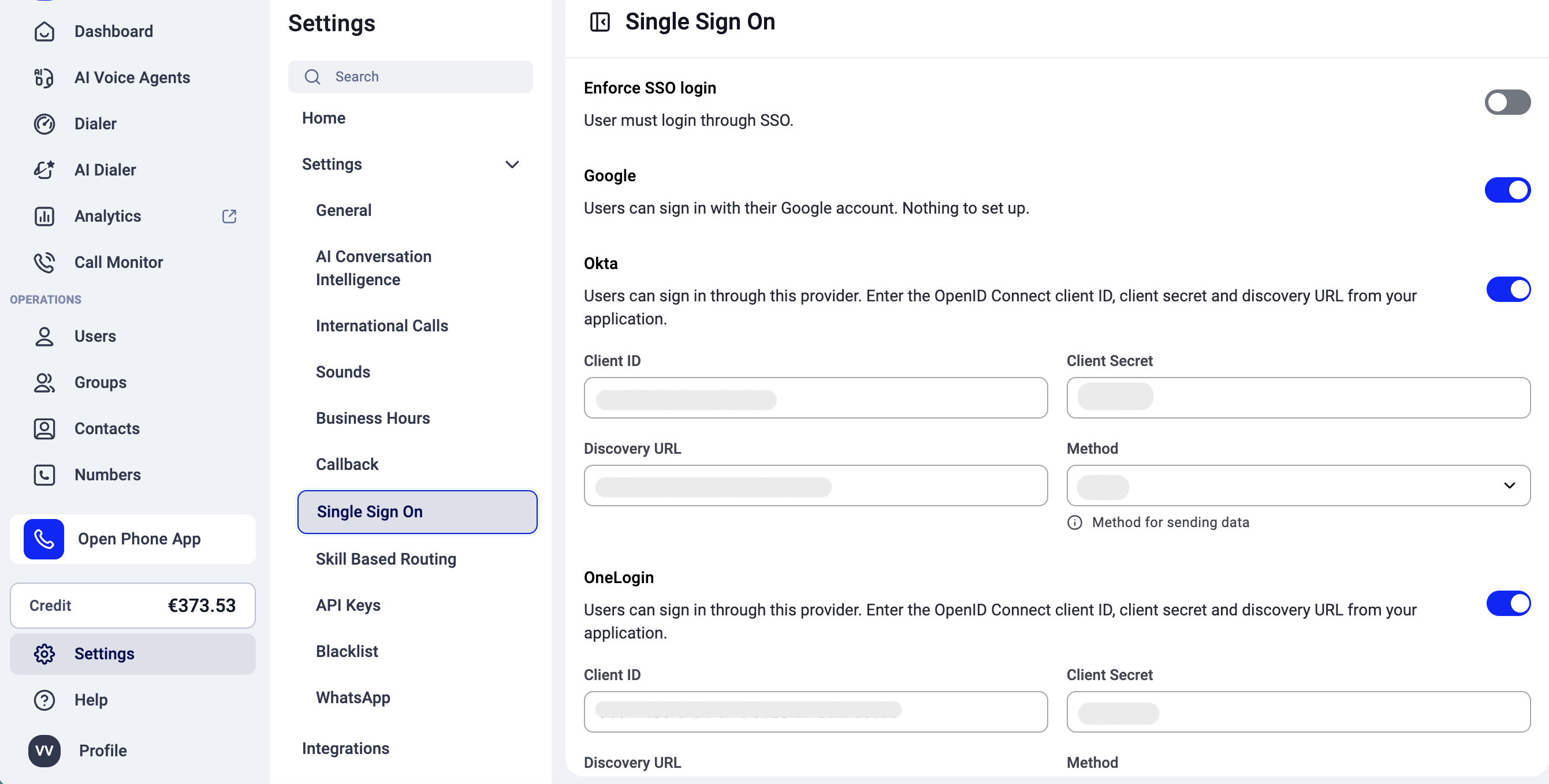 Single Sign On settings with toggles for each SSO provider