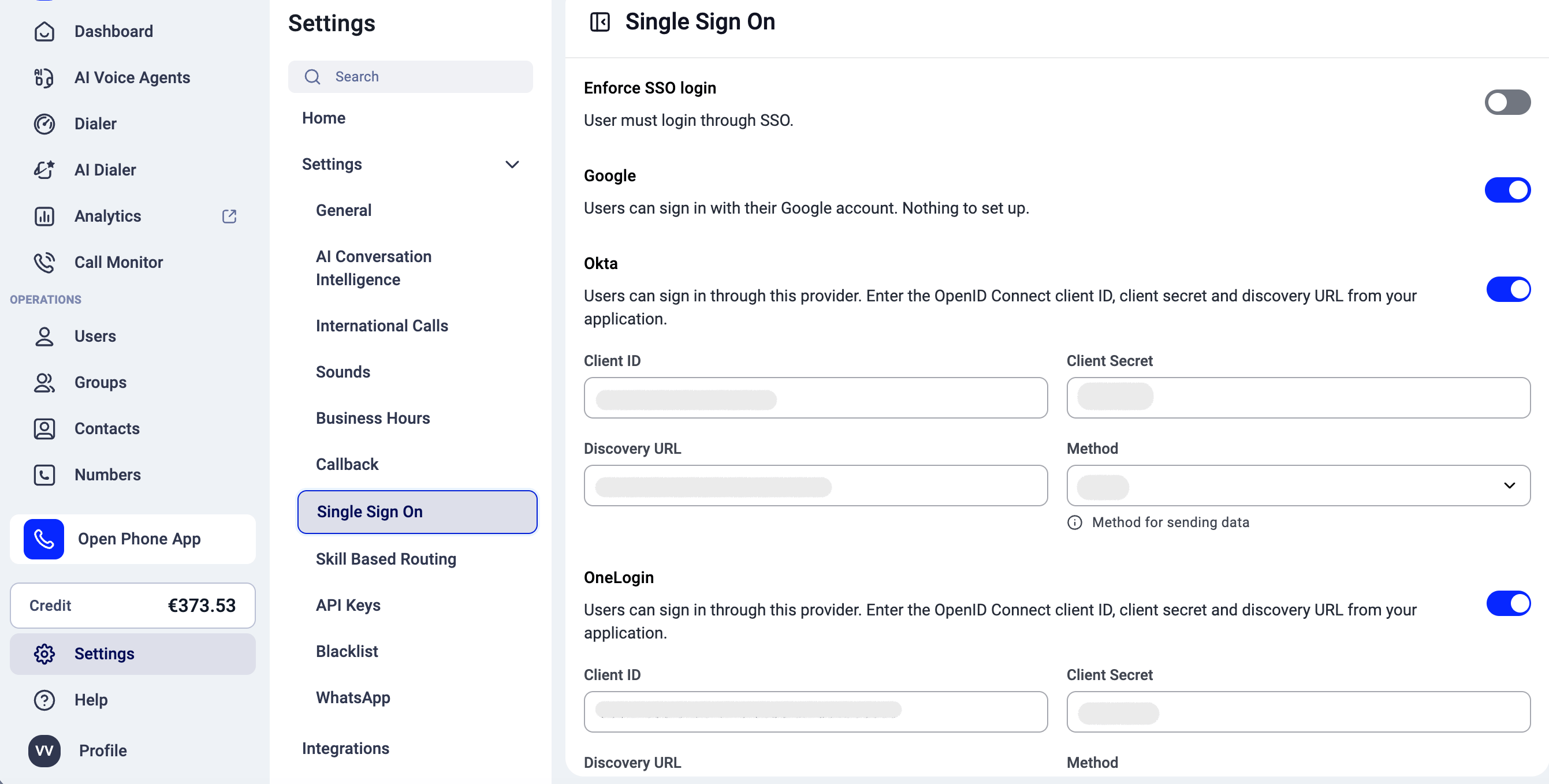 Single Sign On settings with toggles for each SSO provider