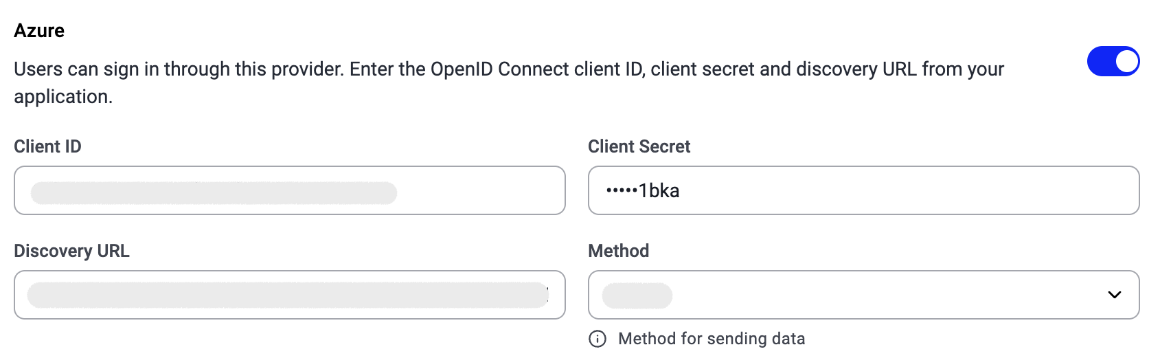 Azure SSO fields: Client ID, Client Secret, Discovery URL, and Method