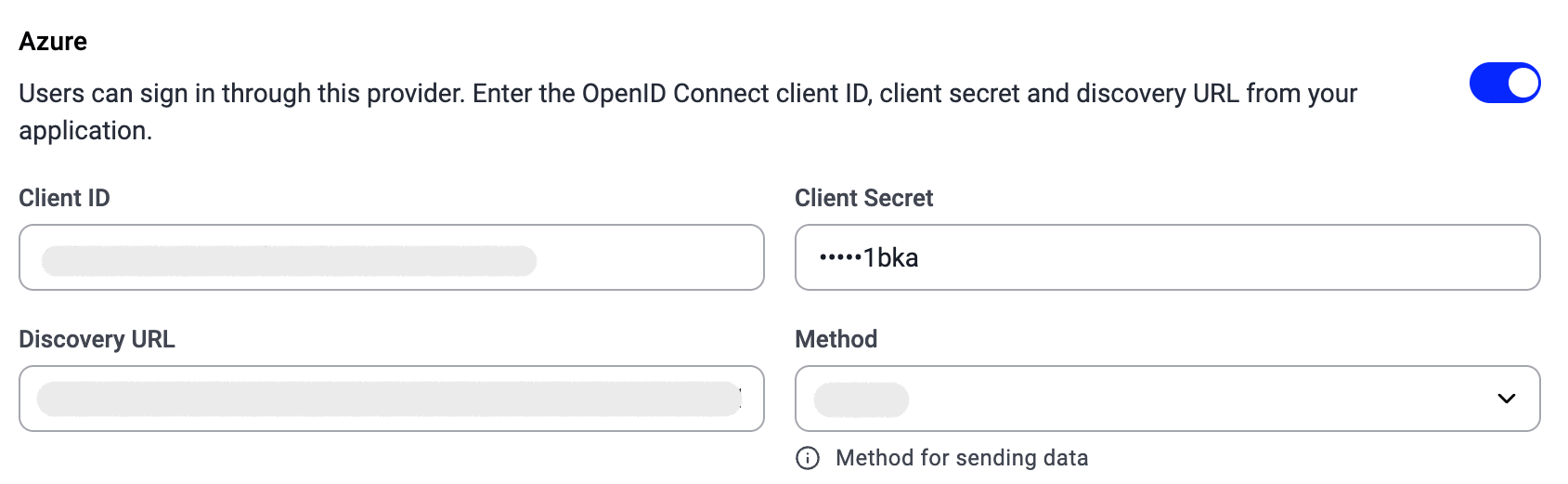 Azure SSO fields: Client ID, Client Secret, Discovery URL, and Method