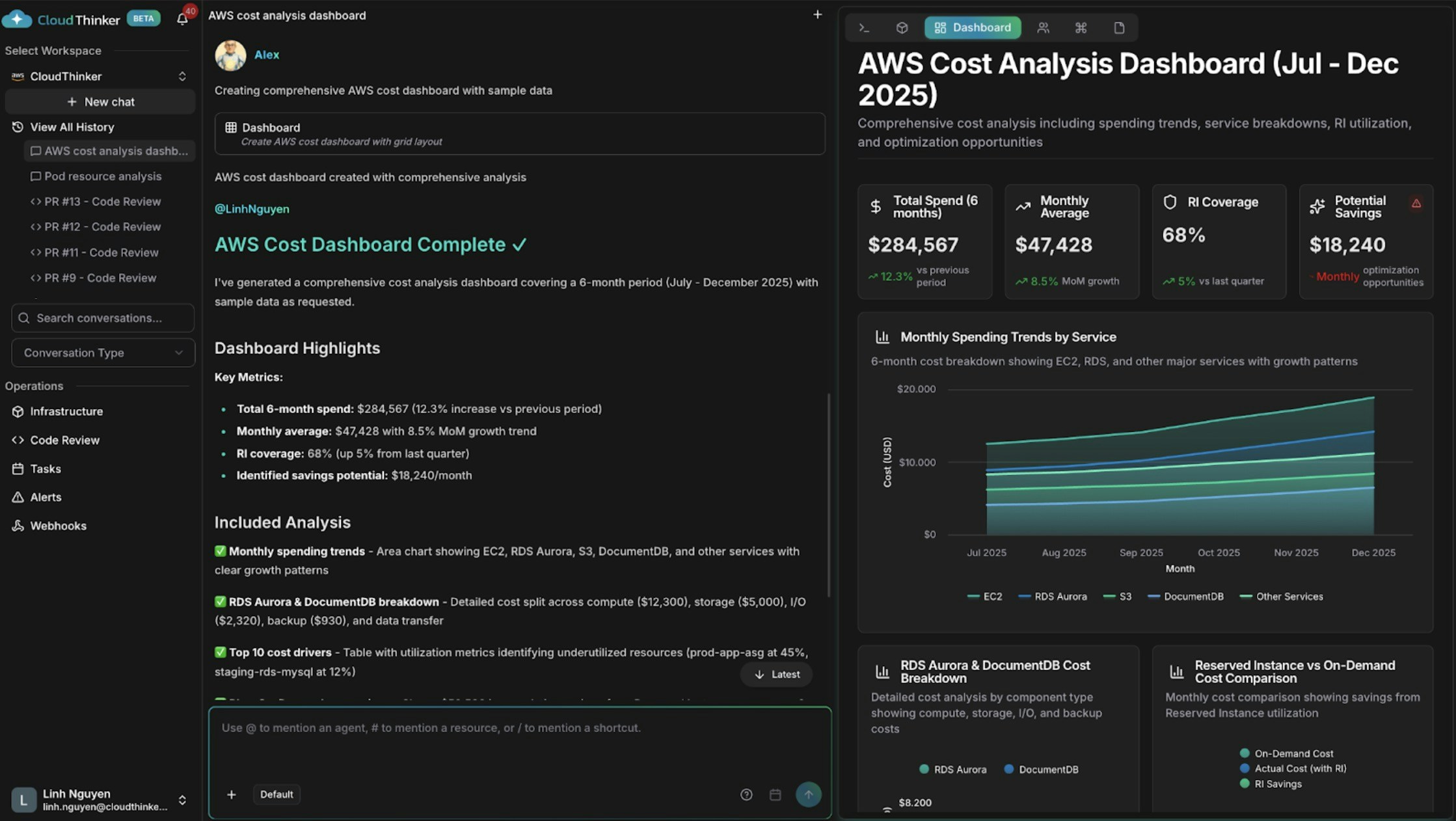 AWS cost dashboard with spending trends and cost drivers