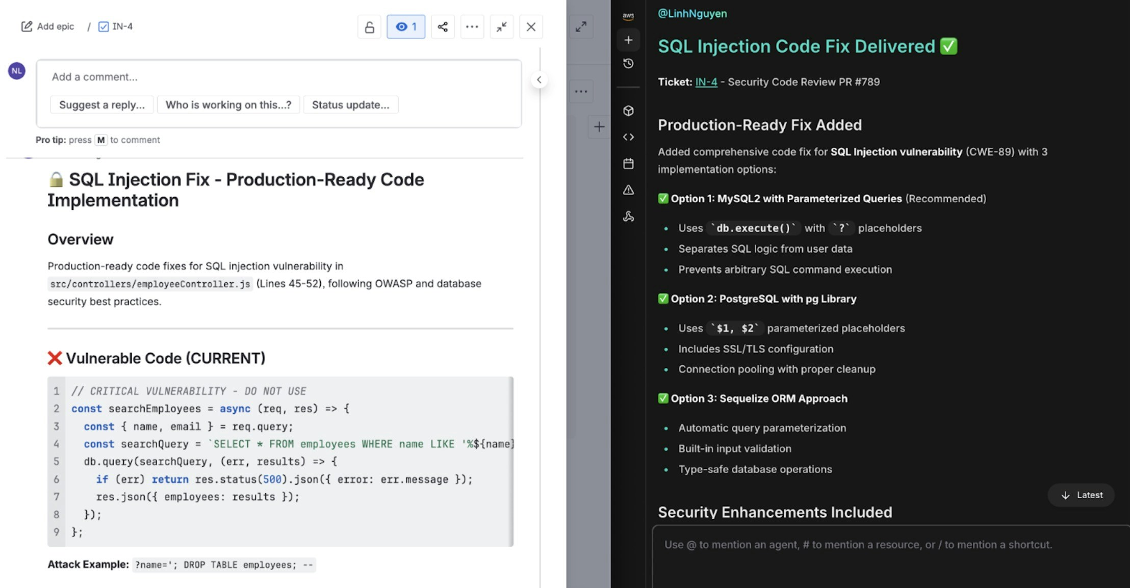 Code findings displayed in CloudThinker and GitHub with Jira ticket update