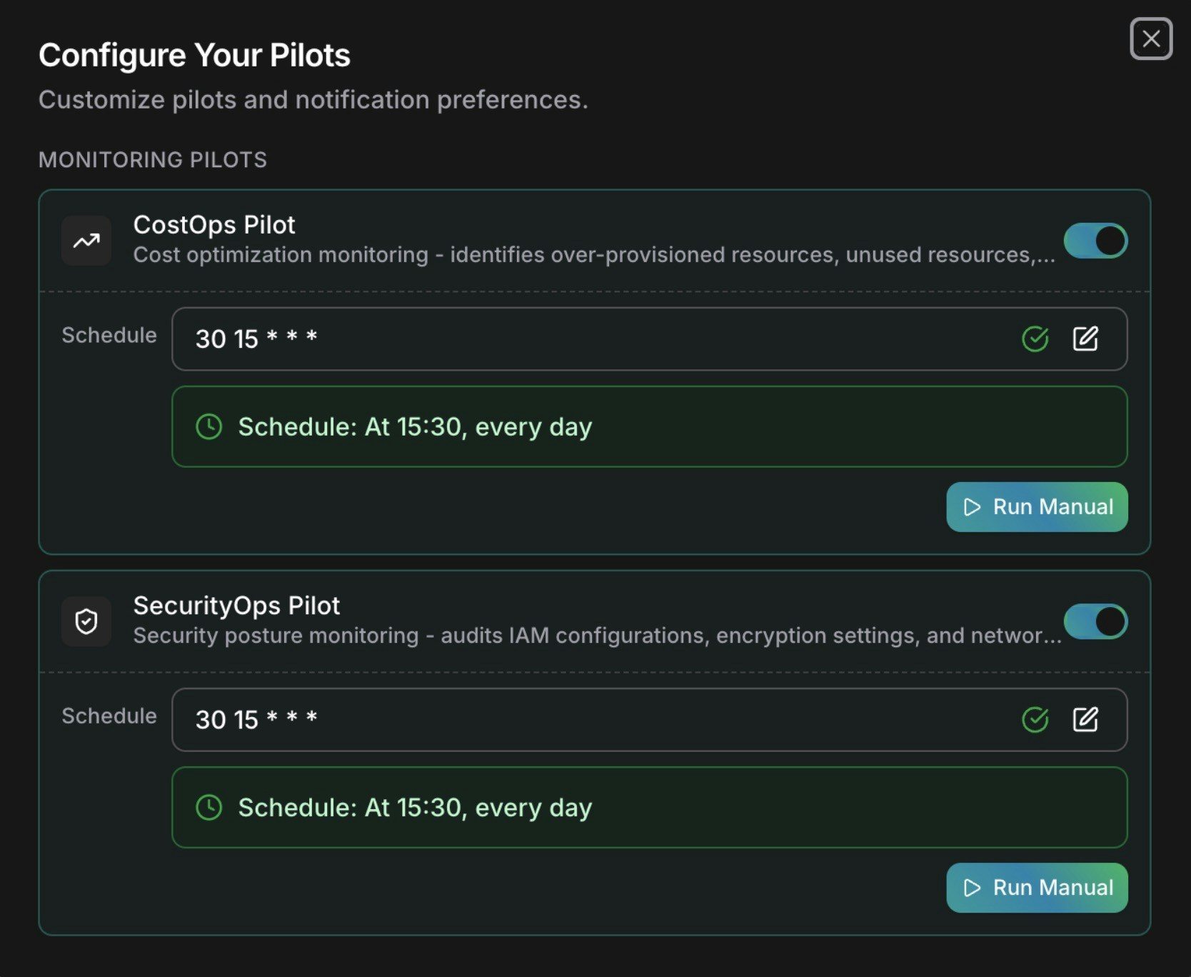 CloudKeeper scheduler setup interface showing pilot configuration and scheduling options