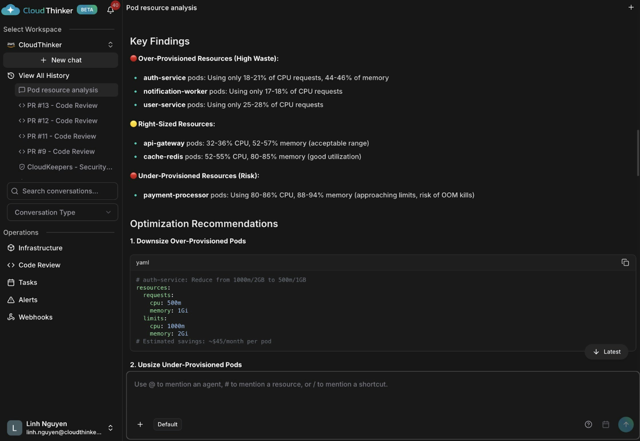Pod analysis visualization with performance recommendations