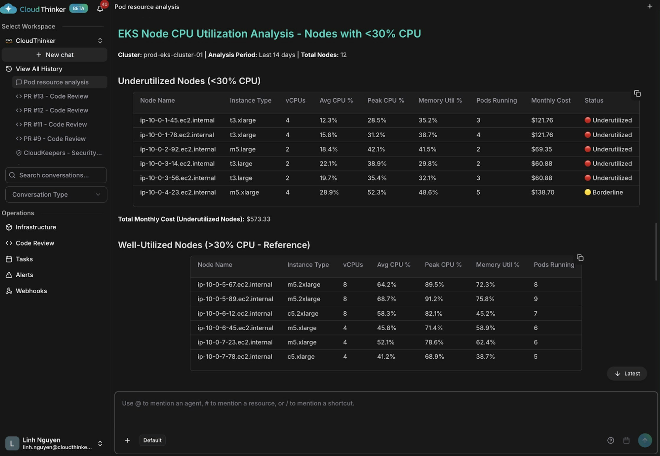 Node CPU utilization analysis showing underutilized instances and cost waste