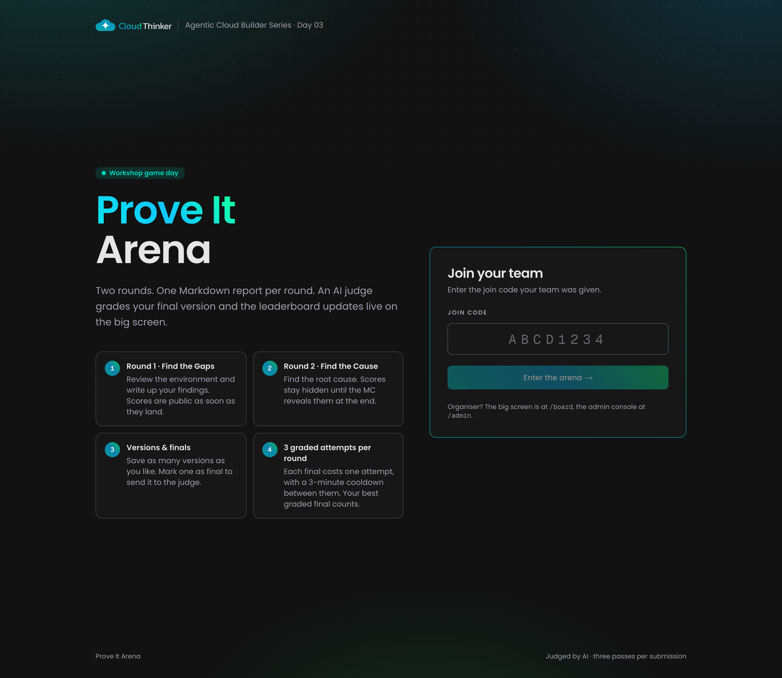 Prove It Arena home page showing the two round cards, the rules of the day and the Join your team code field