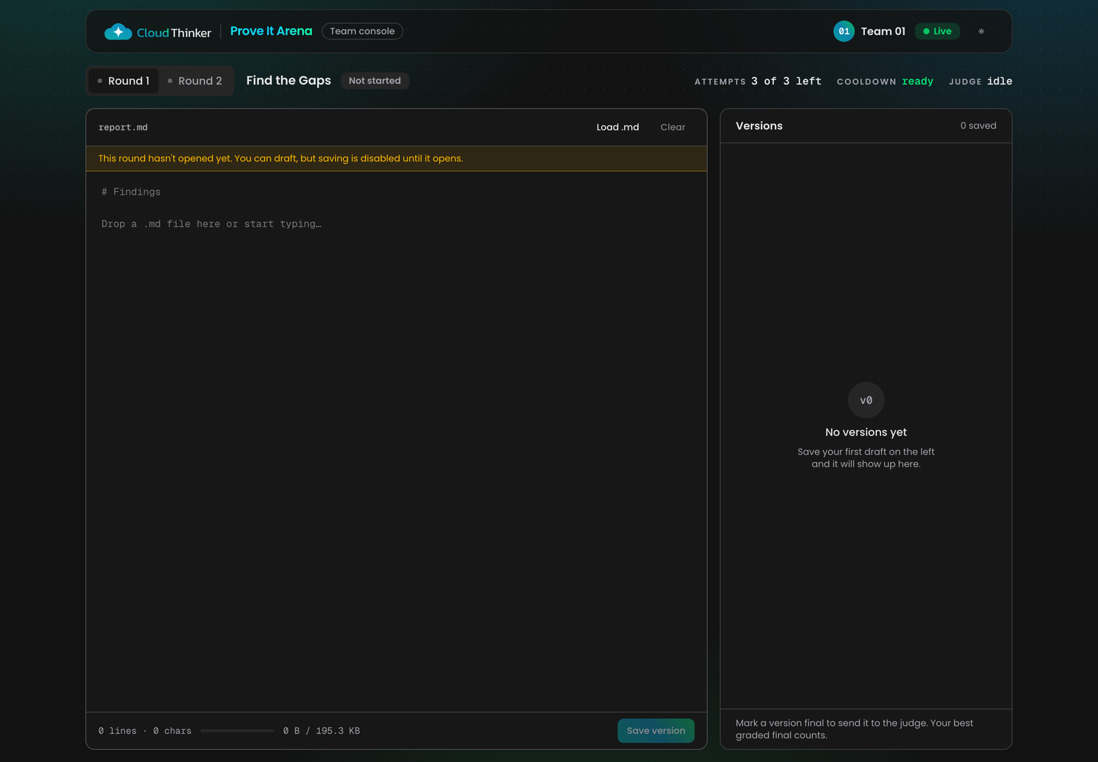 Team round page with the Markdown editor, the Load .md button, the versions panel and the attempts left