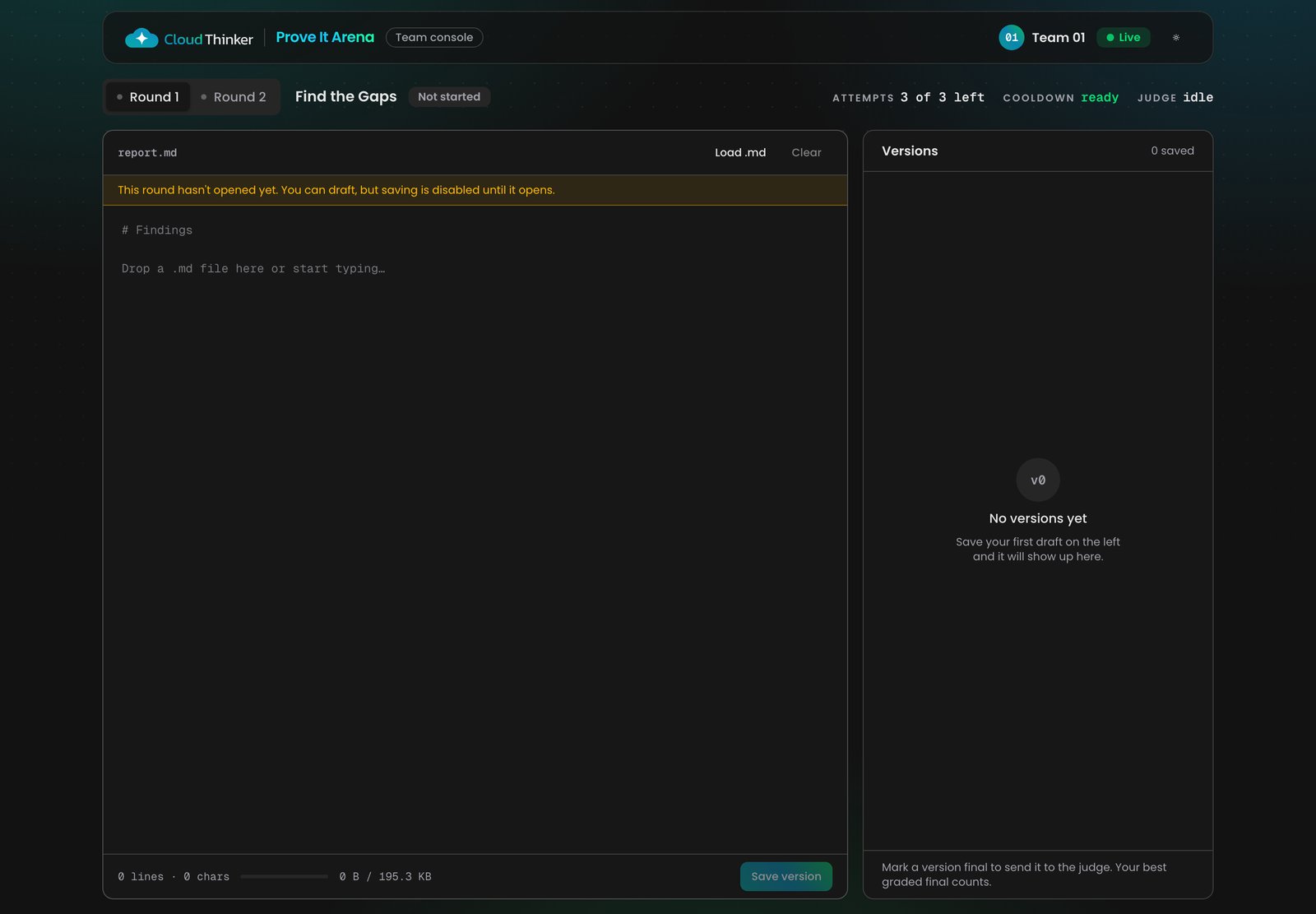 Team round page with the Markdown editor, the Load .md button, the versions panel and the attempts left