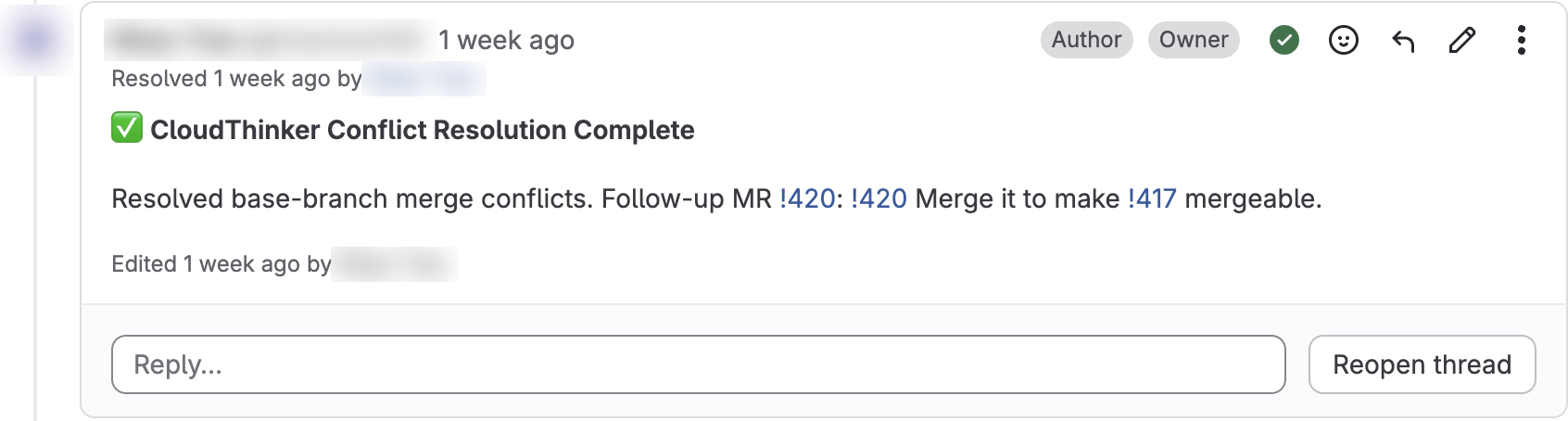 Bình luận CloudThinker Conflict Resolution Complete trên một merge request GitLab, liên kết đến MR tiếp theo