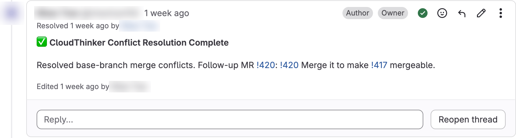 Bình luận CloudThinker Conflict Resolution Complete trên một merge request GitLab, liên kết đến MR tiếp theo