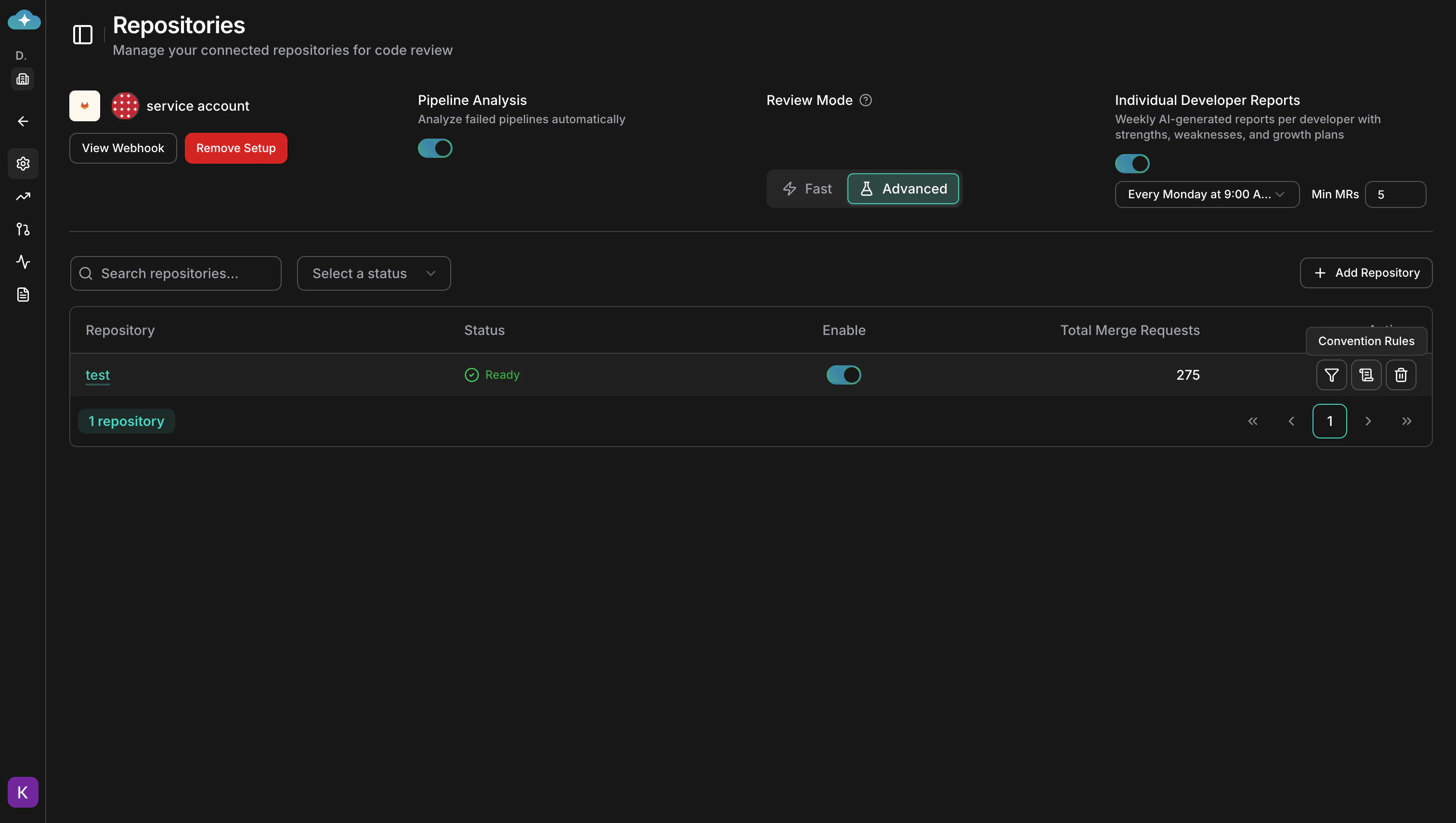 Repository list showing Convention Rules column with configuration icon