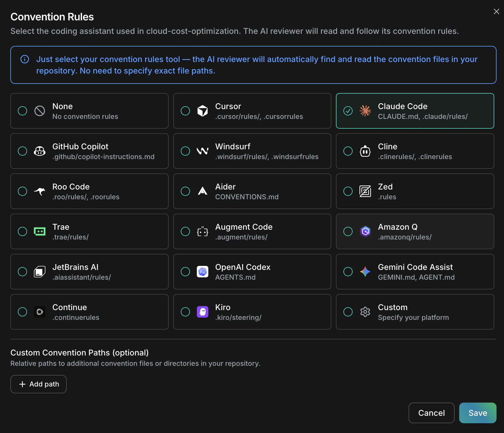 Convention Rules dialog showing supported coding assistant tools and custom path options