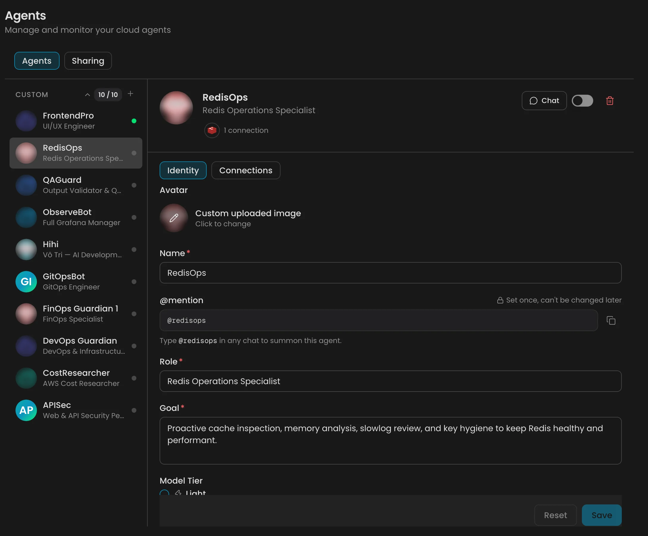 Settings, Agents page listing custom agents with name, @mention, role, goal, and model tier