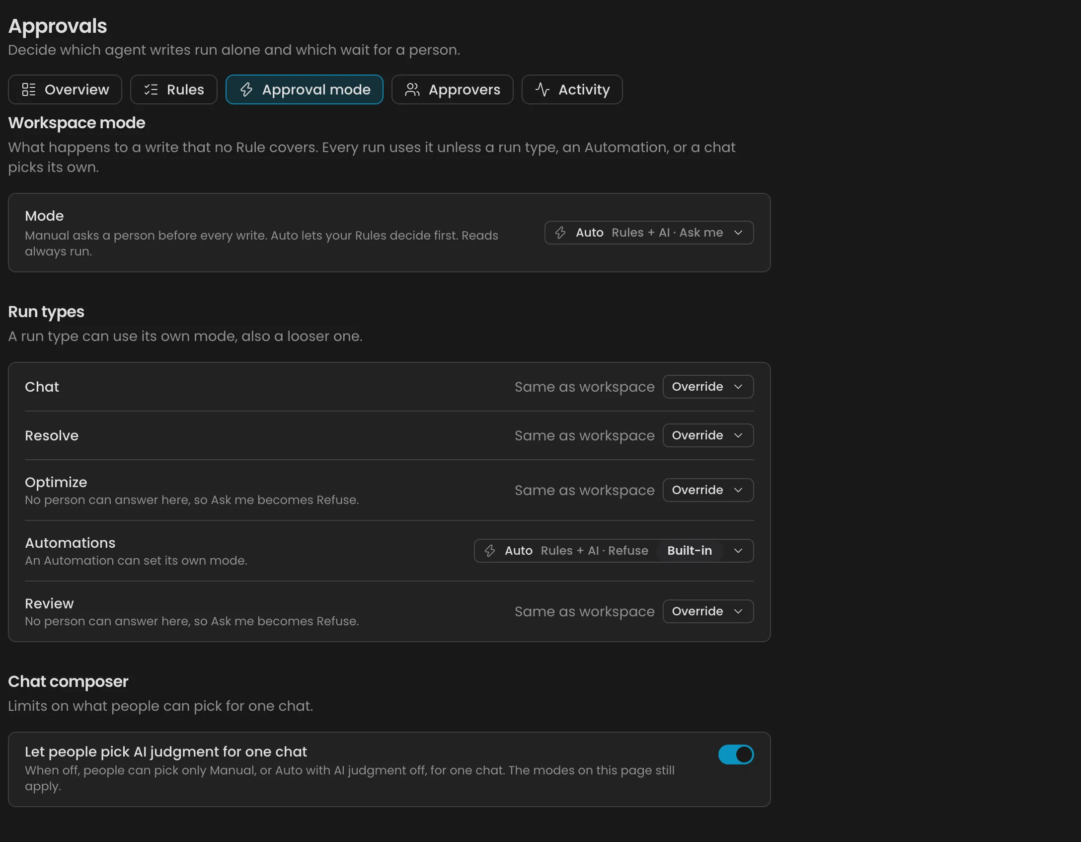 Tab Approval mode với bộ chọn Workspace mode và danh sách Run types, mỗi hàng hiển thị Same as workspace hoặc một ghi đè