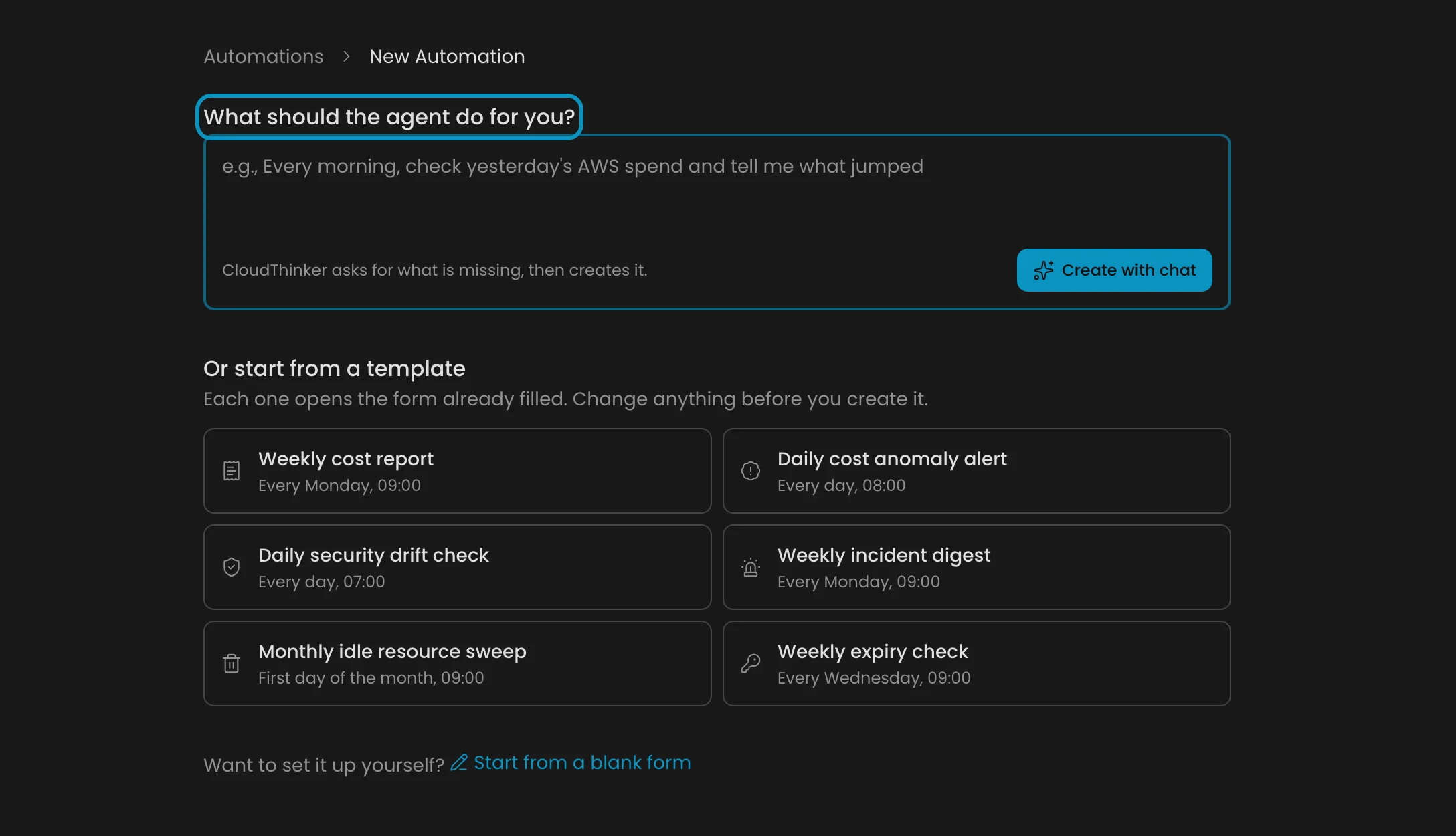 New automation page with a chat box and a grid of templates, including Daily cost anomaly alert