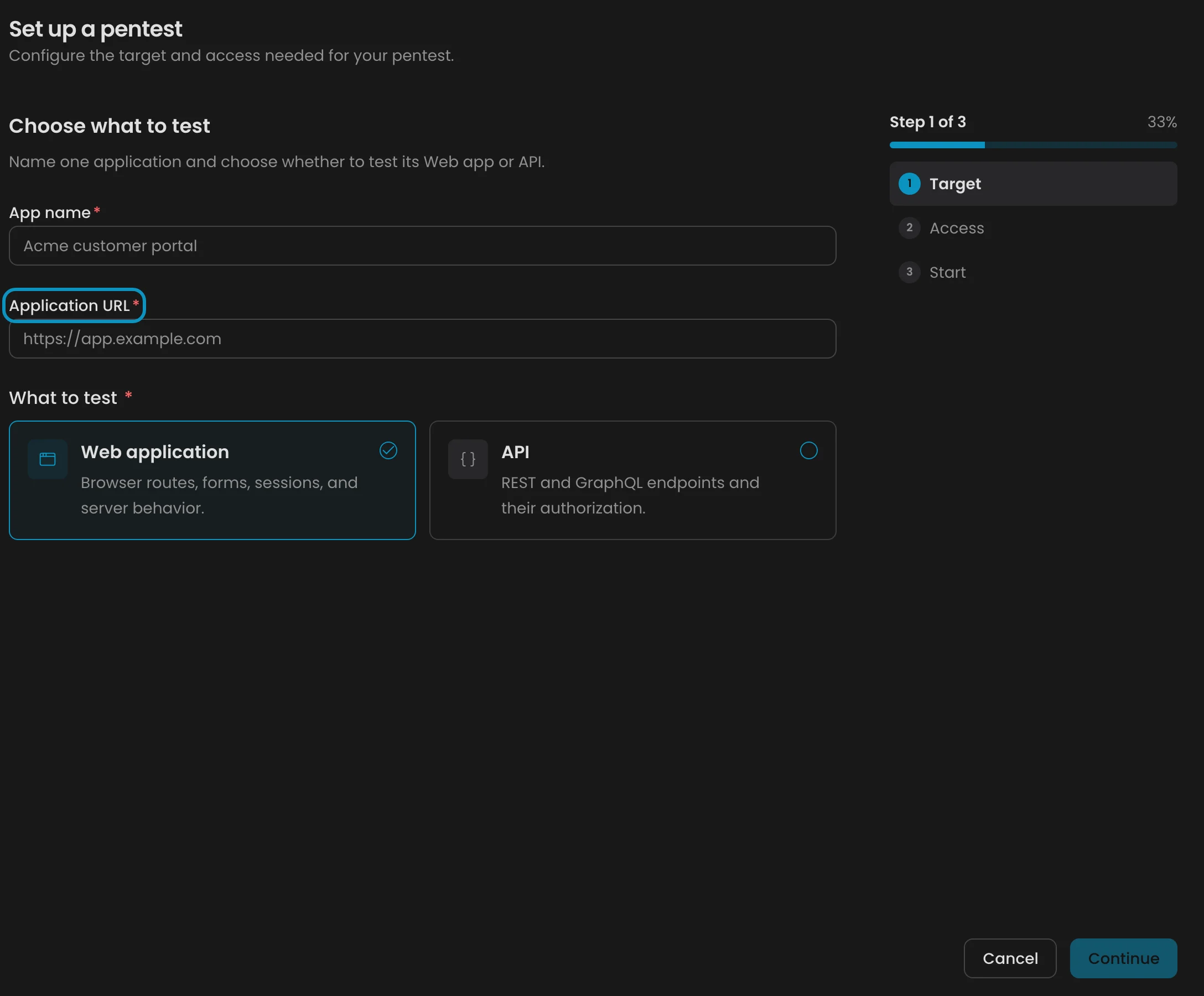 The Set up a pentest step with App name, Application URL, and the Web application or API choice.