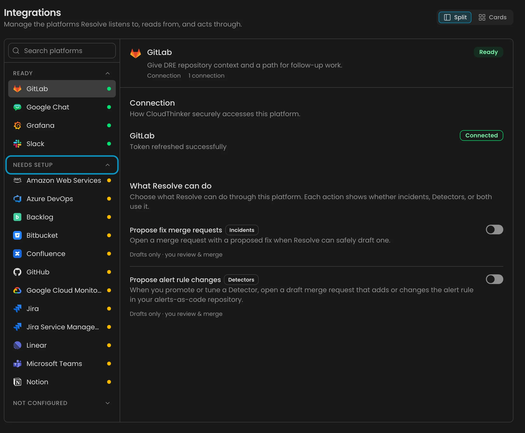 Resolve Integrations page with platforms grouped by readiness and a search field