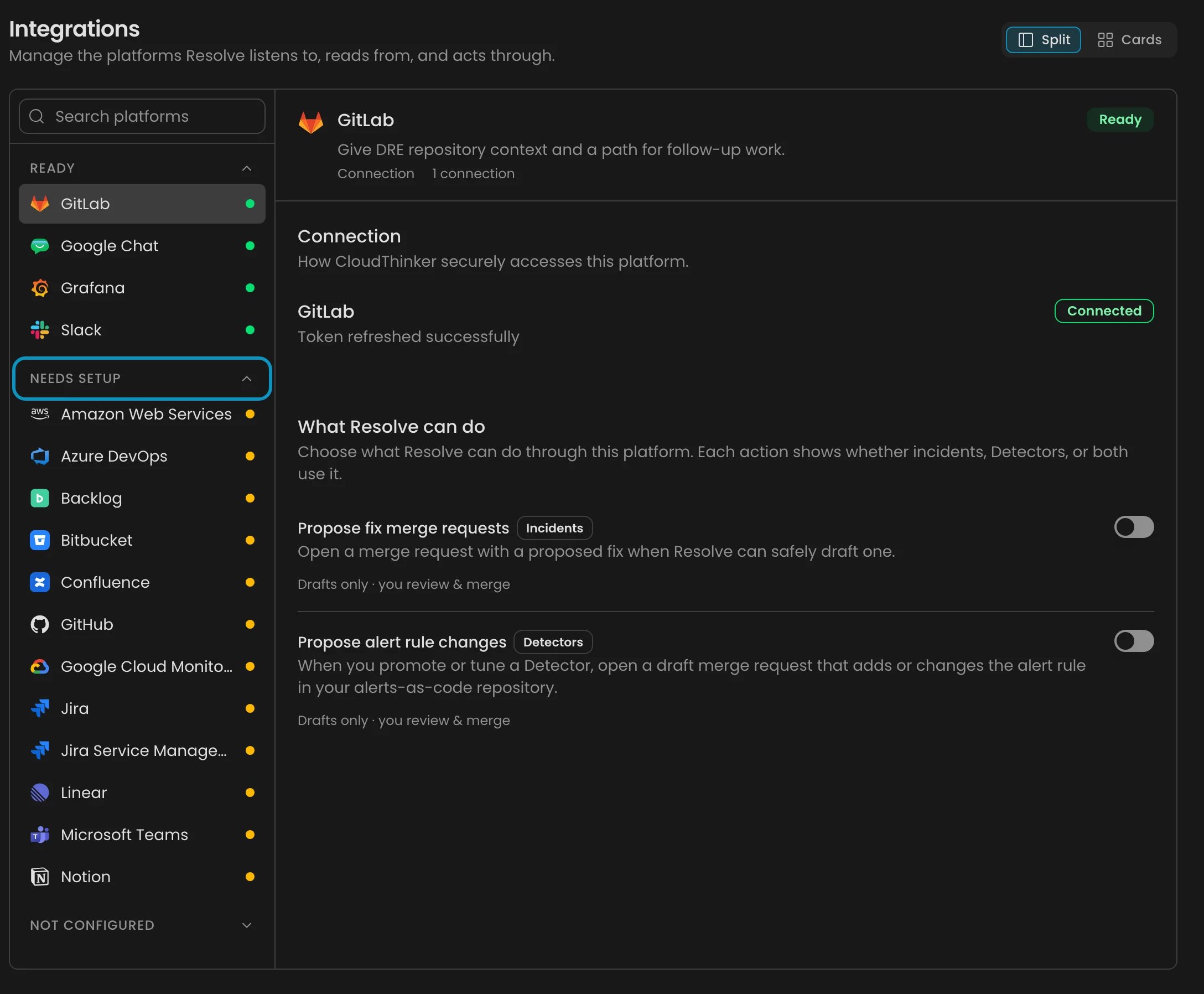 Resolve Integrations page with platforms grouped by readiness and a search field