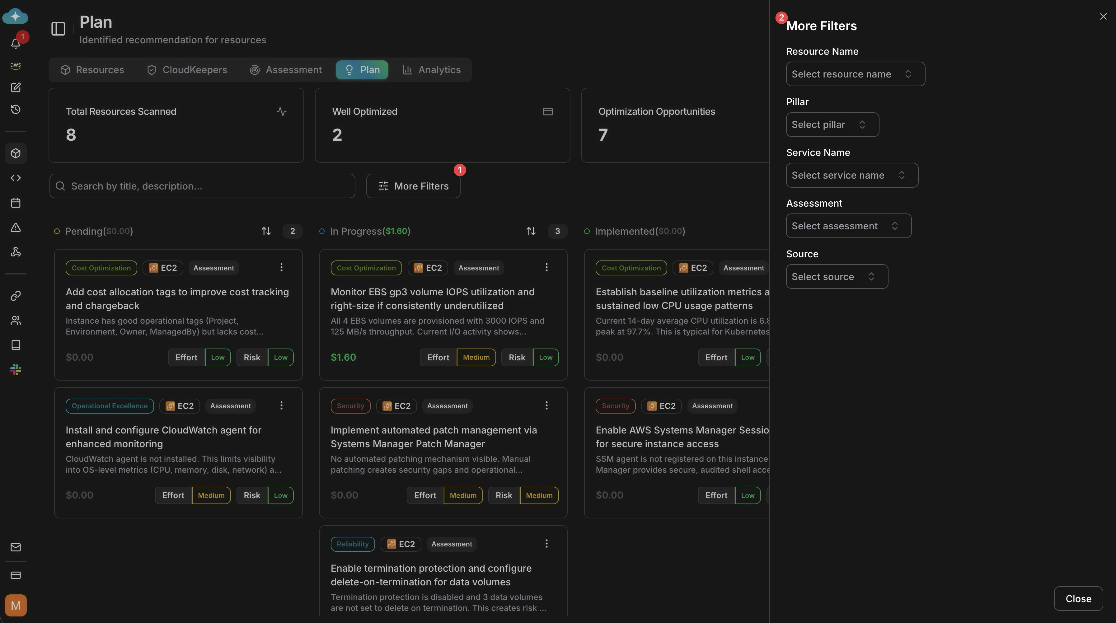 Plan filters for scoping recommendations