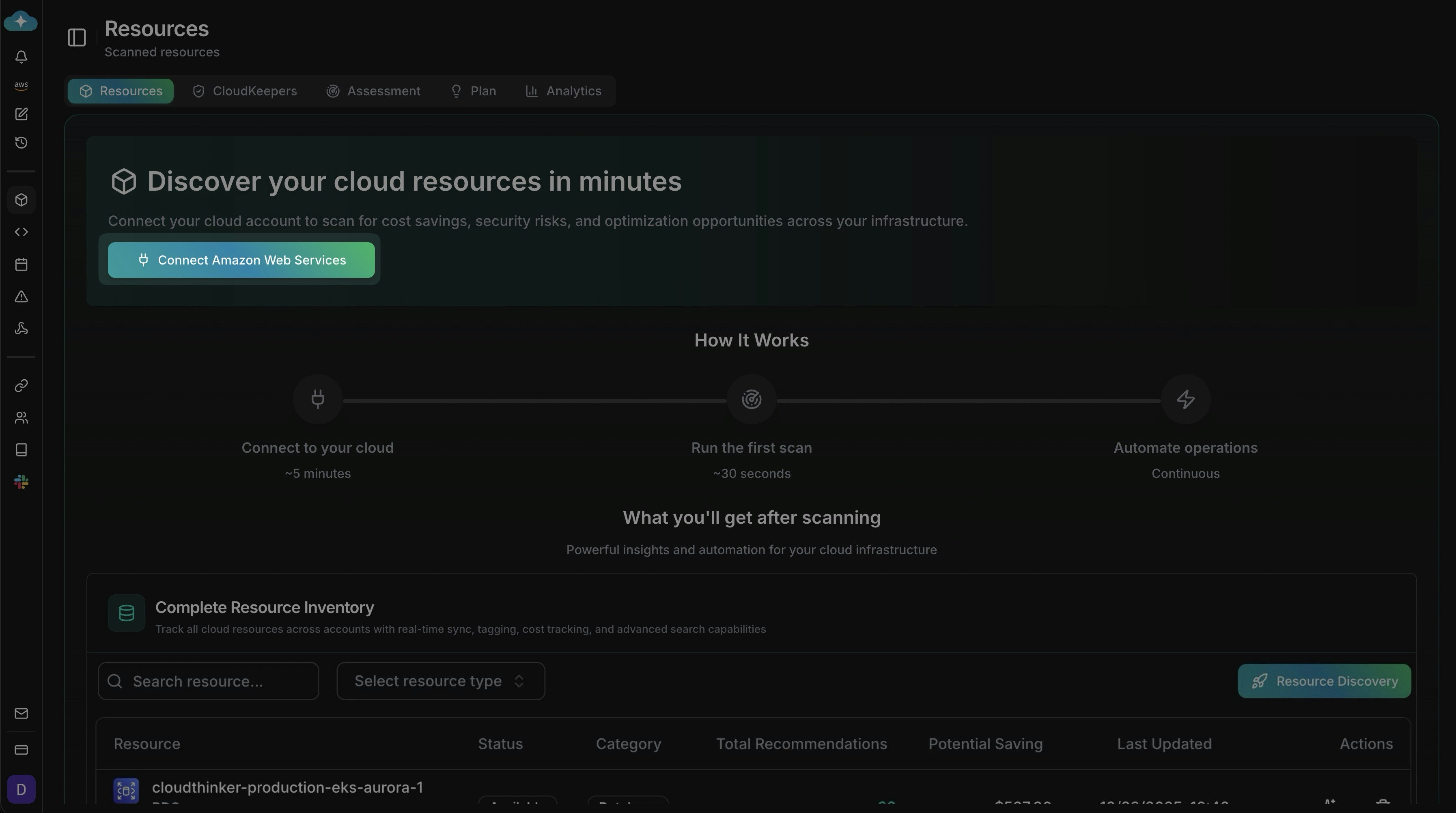 Resources landing with Connect AWS CTA and how-it-works timeline