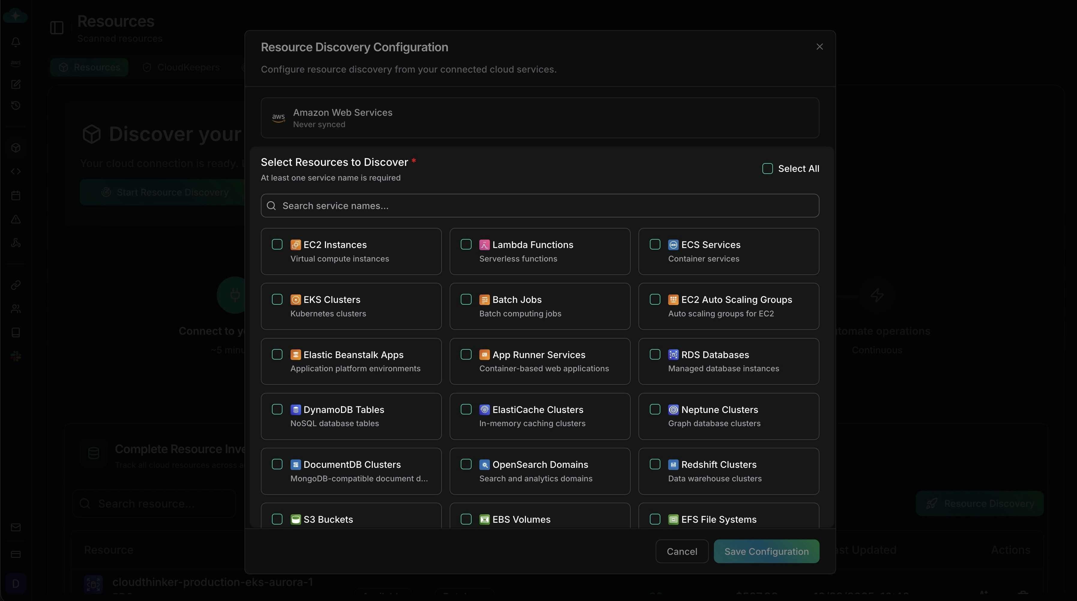 Service selection modal with AWS service tiles