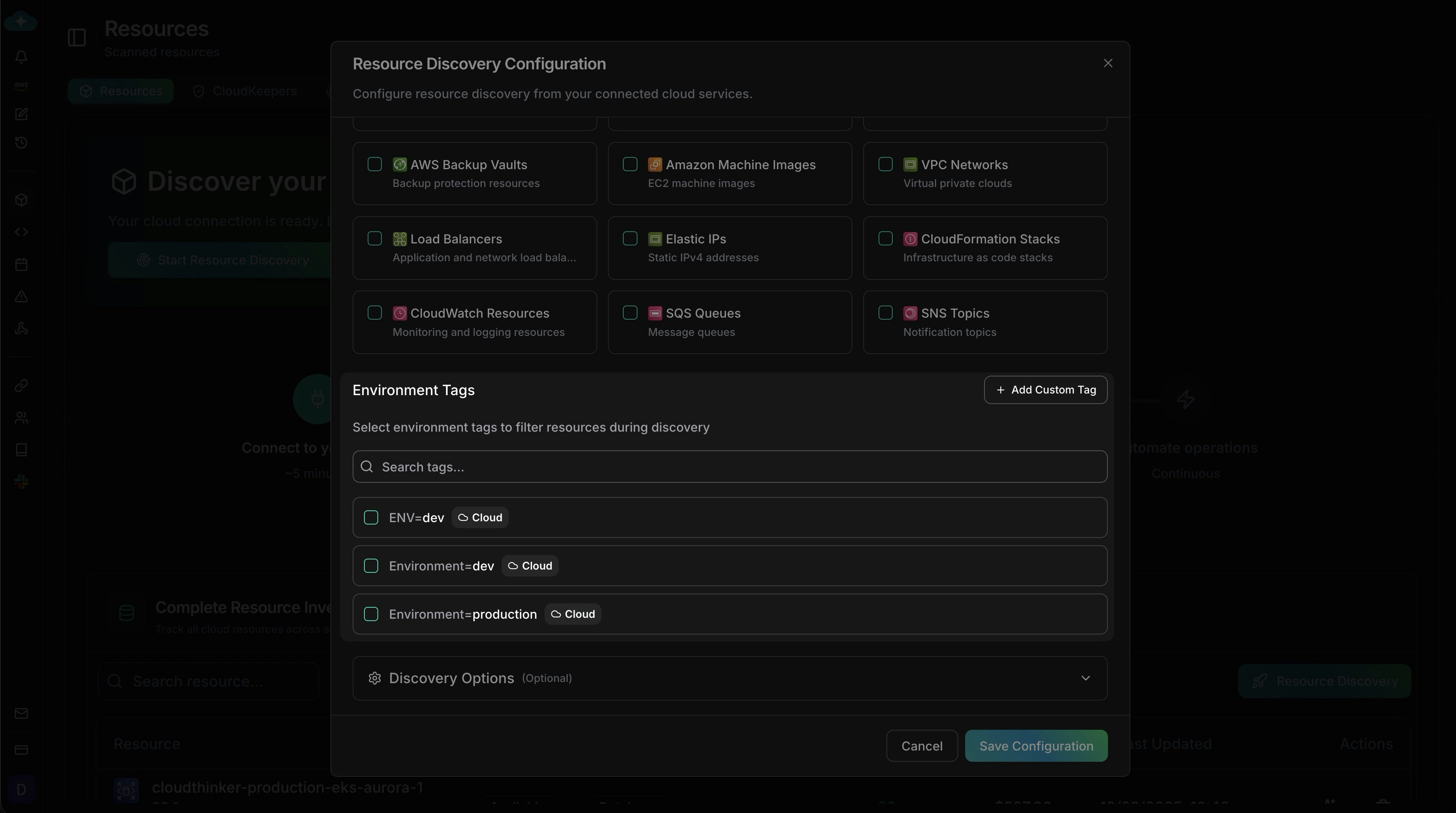 Environment tag filters for resource discovery